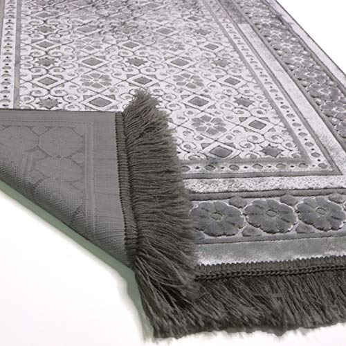Modefa Velvet Prayer Rug - Soft Plush Turkish Janamaz Sajada Carpet for Men and Women - Plain Solid Prayer Mat Ramadan Eid Gift - with Prayer Beads - Luxury Floral Stamp (Silver Grey) - color: Silver Grey