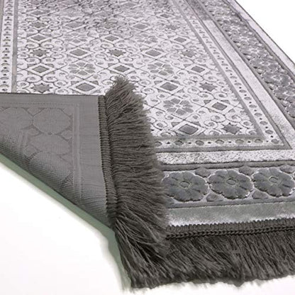 Modefa Velvet Prayer Rug - Soft Plush Turkish Janamaz Sajada Carpet for Men and Women - Plain Solid Prayer Mat Ramadan Eid Gift - with Prayer Beads - Luxury Floral Stamp (Silver Grey) - color: Silver Grey