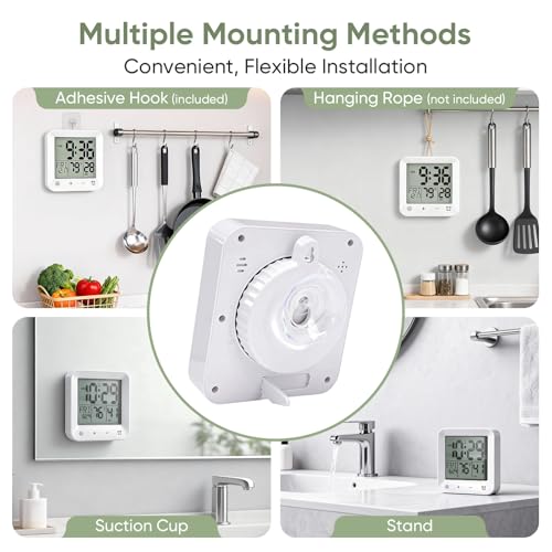 Bathroom Clock Waterproof Shower Timer, Digital Wall Clock with Countdown, Touch Screen, LCD Display, Temperature, Suction Cup/Hanging Hole/Stand, Spa Sauna I White - color: White