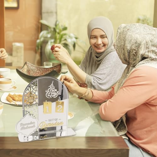 Acrylic Ramadan Countdown Calendar 2026, Silver Eid Mubarak 30 Day Advent Calendar, Ramadans Decorations for Home, Indoor Islamic Table Stand Fireplace Office Desk Decor, Muslim Kids for Gifts