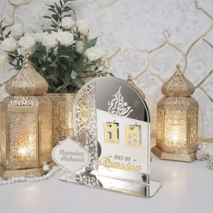 Acrylic Ramadan Countdown Calendar 2026, Silver Eid Mubarak 30 Day Advent Calendar, Ramadans Decorations for Home, Indoor Islamic Table Stand Fireplace Office Desk Decor, Muslim Kids for Gifts