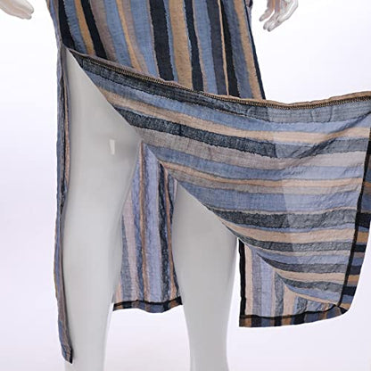 IDOPIP Men's Muslim Thobe Long Sleeve Striped Robe Gown Arab Islamic Kaftan Abayas Dress Middle East Dubai Ramadan Clothing - color: Blue, size: XX-Large