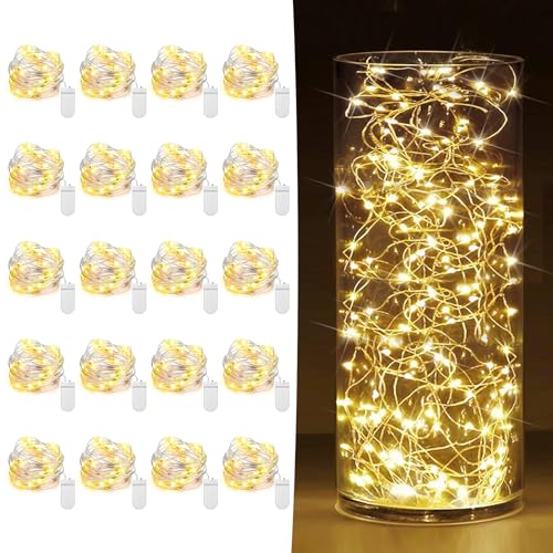 20 Pack Fairy Lights Battery Operated 7ft 20 LED Mini String Lights Twinkle Lights Silver Wire Firefly Starry Lights for Mason Jars Wedding Party Christmas Centerpiece Table Decorations, Warm White - color: Warm White, size: [20 Pack] 7 Feet 20 LED