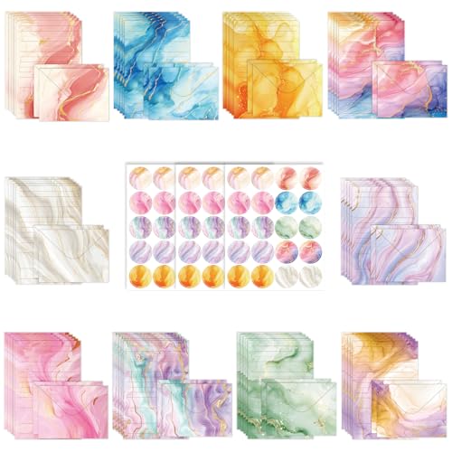 160 Pcs Stationery Set with Envelopes, 50 A5 Sheets of Stationery (10 Designs) with 50 Envelopes and 60 Stickers, Letter Writing Stationery for Home, Office, School, Set E - color: Marble texture stationery