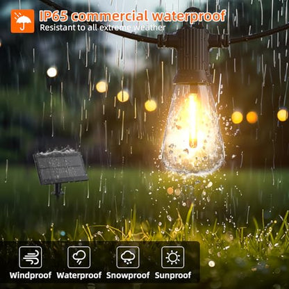 Kawaya Solar Powered String Lights for Outside: 100 FT LED Outdoor Patio Lights with USB-Charging - IP65 Waterproof Hanging Light - 50+2 Shatterproof Edison Bulbs for Bistro Cafe Camp Yard Balcony - size: 100FT New