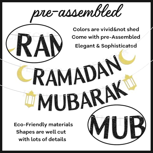 Ramadan Mubarak Banner Black Glitter, Ramadan Party Decorations, Muslim Islam Eid Festival Party Decorations