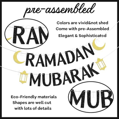 Ramadan Mubarak Banner Black Glitter, Ramadan Party Decorations, Muslim Islam Eid Festival Party Decorations