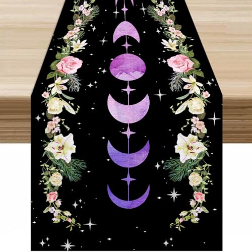 Moonflower Table Runner,Dreamy Starry Night Bohemian Flower Botanical Purple Moon Phase Stars Tabletop Restaurant Dining Kitchen Wedding Party 13x36 Inch - color: Moon Style-20, size: W13X L36