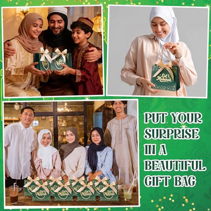 Glenmal 60 Pcs 5.51x2.36x4.72'' Ramadan Gift Bags Ramadan Mubarak Green Paper Party Bags Eid Mubarak Treat Goodie Bag with Handle and Ribbon for Ramadans Kareem Eid Mubarak's Party Supplies - color: Green, size: 1 count (Pack of 60)