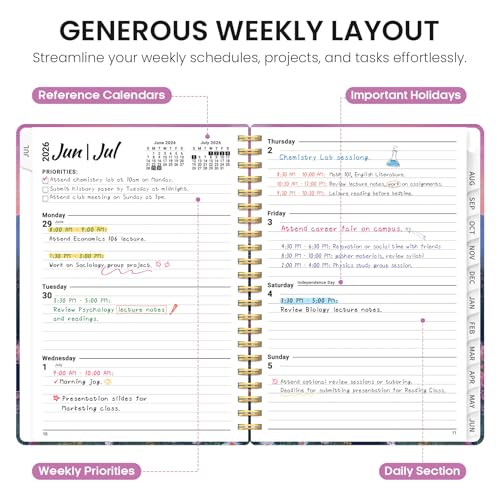 Planner 2026–2027, Academic Monthly Weekly Spiral Calendar, July 2026 – June 2027, Hardcover Agenda Notebook with Tabs, 6.3" x 8.5", Perfect for Students, Teachers, School & Daily Planning - Twilight Bloom - color: A-Twilight Bloom, size: (6.3"x8.5")a5