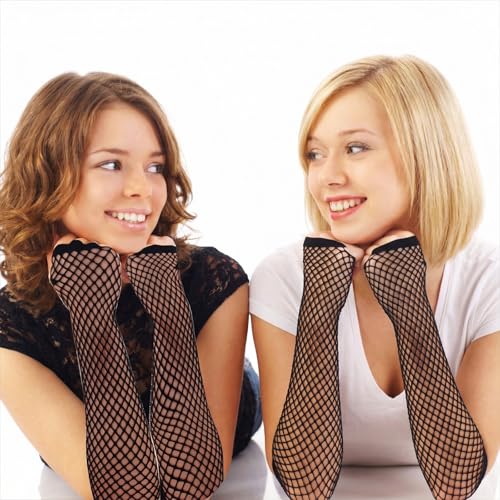 2 Pairs Black Fishnet Gloves Fingerless Fishnet Arm Sleeves | Long Short Mesh Gloves 80s Black Fish Net Arm Sleeves For Women And Girls Theme Party Costume Accessory