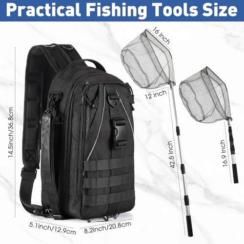 RoundFunny 256 Pcs Fishing Backpack with Tackle Box Gears, Tackle Sling Bag Backpack, Fishing Hook, Lures, Retractable Landing Net, Plier, Lip Gripper, Hook Remover, Fish Gift Men - color: Black