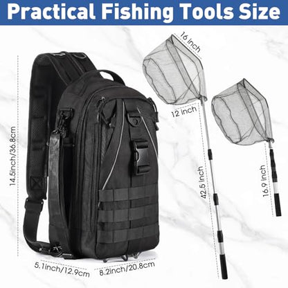RoundFunny 256 Pcs Fishing Backpack with Tackle Box Gears, Tackle Sling Bag Backpack, Fishing Hook, Lures, Retractable Landing Net, Plier, Lip Gripper, Hook Remover, Fish Gift Men - color: Black
