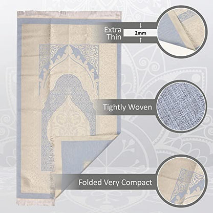 BABY SHOWER CHOCOLATE Prayer Rug Islamic Gift Set, Velvet Prayer Mat, Prayer Beads, Scarf and Yaseen Book, Perfect Family and Muslim Eid Gifts (Blue) - color: Blue