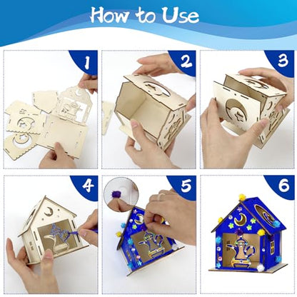 MUOUAKATE 9PCS Ramadan Crafts Wooden House with 24 Paint Pens, Ramadan Activities for aldults, Islamic DIY Ramadan Goodies for Eid Mubarak Gifts Favors Party Supplies Bulk Decorations - style: Ramadan Eid
