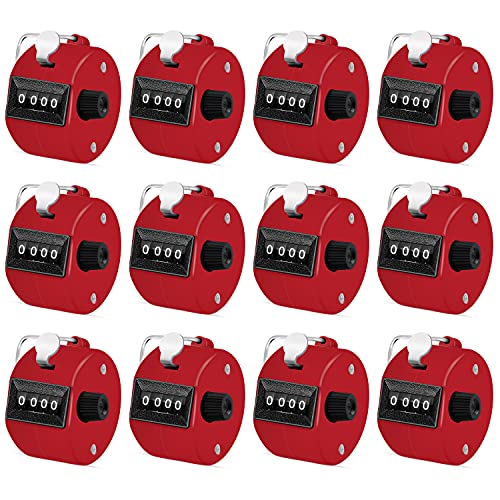 Eliamo 12 Pcs Hand Tally Counter 4-Digit Lap Counter Clicker, Manual Mechanical Handheld Pitch Click Counter with Finger Ring for School Golf & Knitting Row Croche - color: Red