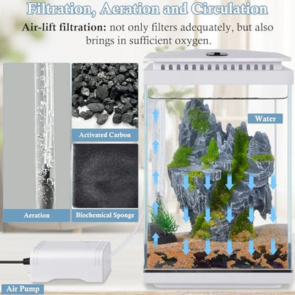 Small Glass Aquarium, 1 Gallon Desktop Fish Tank, Betta Fish Tank, Mini Aquarium Starter Kit with Air Pump LED Light Decoration Water Changer Fish Net (White) - color: White