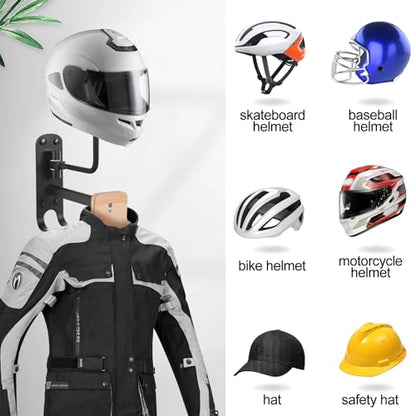 Motorcycle Helmet Rack Wall Mount 180 Degree Rotation Metal Bike Helmet Holder Mount Bicycle Helmet Display Hanger Stand with Wood Hanger & 2 Hooks for Motorcycle Bike Baseball Rugby Helmet - 2 Pack - color: Black(2PCS with Hanger)