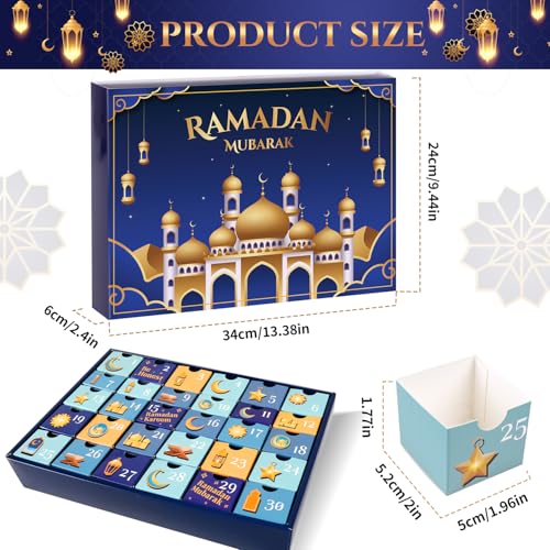 MOVINPE Ramdan Calendar with Drawers 2026 Ramadan Gifts for Kids, 30 Pre-Assembled Empty Boxes Eid Mubarak Coutdown Calendar Fillable Islamic Art Gift Box, Ramadan Party Supplies (Blue) - color: Blue