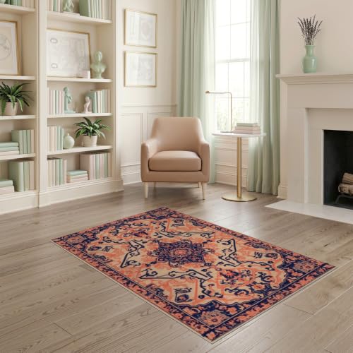 4'x6' Beige Navy Coral Boho Medallion Prayer Washable Area Rug - color: Beige/Pattern 7, size: 4' x 6' (Rectangular)