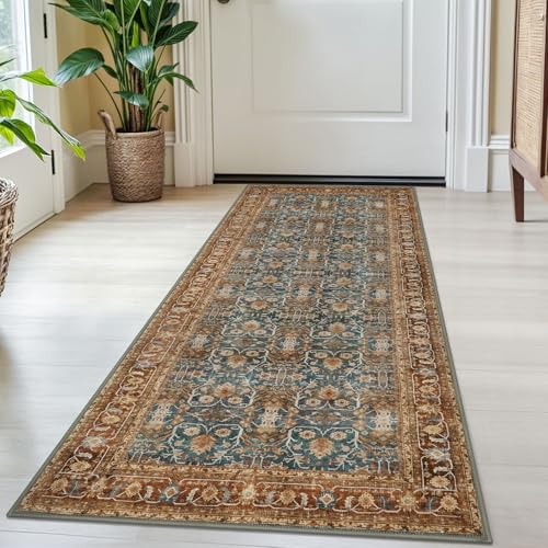 SIILOOM 2x5 Washable Rug Ocean Rust Small Area Rug for Entryway, Soft Slip-Resistant Indoor Door Mat Tribal Floral Low-Pile Kitchen Rugs, Vintage Tribal Carpet for Entrance Kitchen Bedside - color: Ocean/Rust, size: 2' x 5' (Runner)