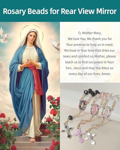 Rimvoe Car Rosary for Rearview Mirror Hanging - Catholic Religious Devout Gift with Virgin Mary Charm and Crucifix, Ideal Catholic Rosary Gifts for Men & Women (Black)