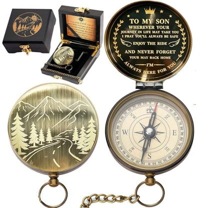 God's Guide & Blessing Compass, Trust in The Lord Compass, Wood Box Greeting, Inspirational Gift Men, Christian Boys Baptism Gifts, Graduation Day with Wooden Box - color: 5.Bronze To My Son Gift Wing Wooden Box