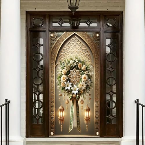 Ramadan Door Cover Banner 71x35inch Islamic Floral Lantern Design Green and Gold Eid Mubarak Decoration Indoor Outdoor Front Door Wall Hanging - color: Style 1