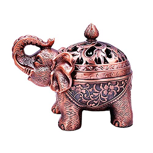 Hourwof Metal Elephant Incense Holder,Vintage Cone Coil Incense Burner with Lid,Ash Catcher,Aromatherapy Ornament Home Office Decor,Red Copper - color: Red Copper