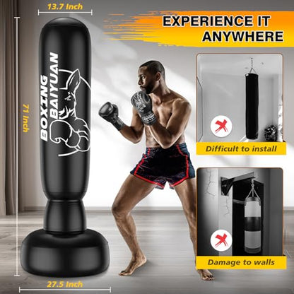 Standing Punching Bag for Adults Teens, Inflatable Boxing Bag with Stand, Kick Boxing Training Equipment for MMA, Muay Thai, Kickboxing - size: 71"