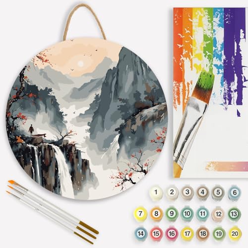 Chinese Landscape Paint by Numbers Kit for Adults on Wood Board – DIY Asian Mountain Waterfall Wood Craft Painting Kit, 12 in Round, Acrylic Paint Set, Beginner-Friendly, Relaxing Home Decor Gift - color: DP036