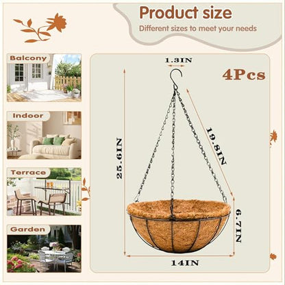 14 inch Metal Hanging Baskets For Plants Outdoor 4 Pack Round Metal Wire Hanging Basket Planter with Coco Fiber Liners Chain Round Wire Plant Holder for Garden, Patio, Deck, Porch Plants Flower Potss - size: 14 Inch, style: Watermelon