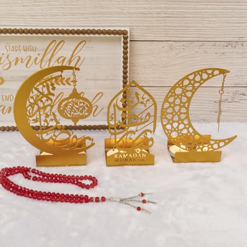 3 Pcs Gold Metal Ramadan Decorations for Home 2026, Eid Mubarak Kareem Sign Islamic Table Centerpiece Fireplace Decor, Arabic Crescent Moon Stand Lantern Star Candle Holders, Muslim Gifts