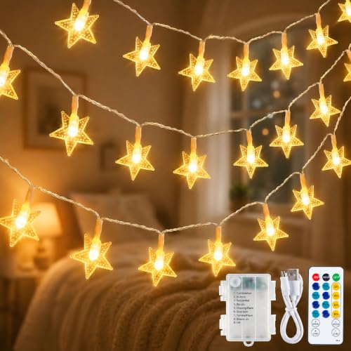 19FT 50 LED Warm White Star String Lights, Battery & USB Powered - size: 50 LED