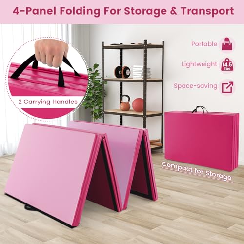 Goplus Folding Gymnastics Mat, 10’ x 4’ x 2’’ Thick Tumbling Mats with PU Leather, Hook & Loop Fasteners, Portable Handles, 4-Panel Exercise Mat for Home Gym Workouts, Yoga - color: Rose+Pink