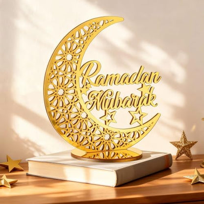 DoubleFill Acrylic Wooden Islamic Ramadan Decoration - 10 Inch Eid Tabletop Decors Ramadan Mubarak Centerpiece Islamic Mosque Muslim Table Sign Decoration Home Decor for Gift Eid Tabletop(Gold)