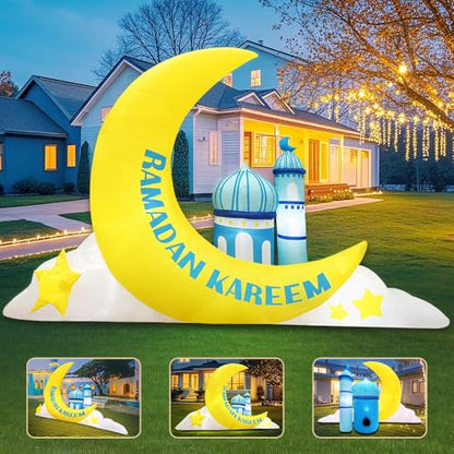 KOOY 7.8 FT Long Inflatable Ramadan Crescent Moon Decorations with Mosque & Star Blow Up Islamic Eid Decor Muslim Holiday Outdoor Decorations with LED Lighted