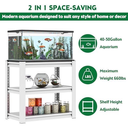 Metal Aquarium Stand with Adjustable 3-Tier Fish Tank Rack Shelf, for Home Office, Fish Tank Not Included(31.5"×18"×34"). (White)