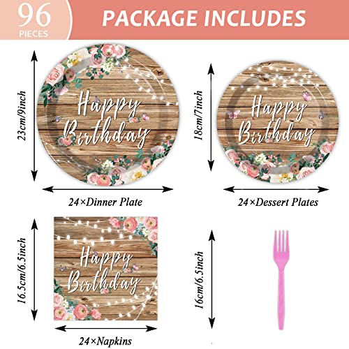 96PCS Spring Floral Birthday Party Plates Wood Grain Pink Flower Rustic Tableware Set for Girls Kids Bridal Shower Party Supplies Wooden Birthday Paper Plates Napkins Decorations for 24 Guests - style: Pink Floral