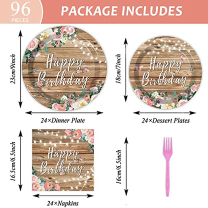 96PCS Spring Floral Birthday Party Plates Wood Grain Pink Flower Rustic Tableware Set for Girls Kids Bridal Shower Party Supplies Wooden Birthday Paper Plates Napkins Decorations for 24 Guests - style: Pink Floral