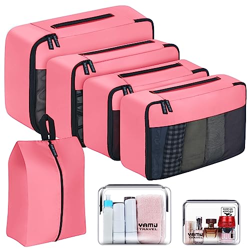YAMIU Packing Cubes for Suitcases, 7 Pcs luggage organizer bags with Shoe Bag, 2 Waterproof Travel Toiletry Bags, Travel Cubes for Travel Essentials Travel Accessories - color: Pink