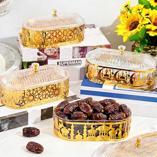4 Pcs Ramadan Dates Holder Golden 7.2" Acrylic Vintage Platter Metal Eid Al-fitr Dessert Plate Serving Dish Trays with Clear Dome Lid Embossed Patterns for Ramadan Party Table Decoration - style: Rectangle