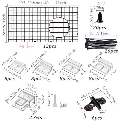 Aquarium Bottom Isolation Set 12Pcs Plastic Fish Tank Bottom Isolation Board with 20Pcs Grid Separator Base 20Pcs Nylon Cable Ties 6 Bags Plate Suction Cup Buckle and 32Pcs Cover Bracket