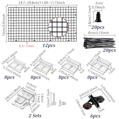 Aquarium Bottom Isolation Set 12Pcs Plastic Fish Tank Bottom Isolation Board with 20Pcs Grid Separator Base 20Pcs Nylon Cable Ties 6 Bags Plate Suction Cup Buckle and 32Pcs Cover Bracket