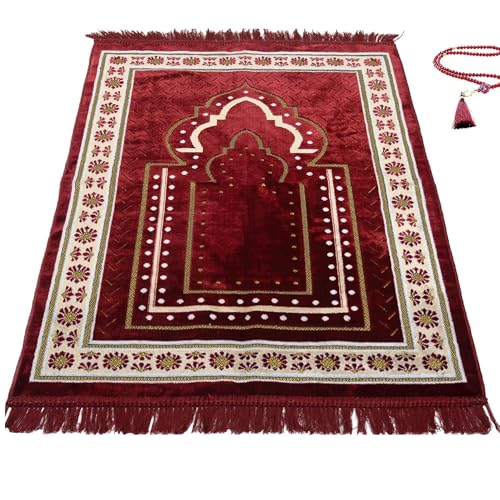 Prayer Mat Rug for Muslim Men, Women or Kids, Portable Praying Mat and Prayer Beads Sets for Islamic Gifts – Muslim Prayer Rug For Ramadan, Umrah, Hajj - Turkish Rug for Meditation and Worship (RED) - color: Red