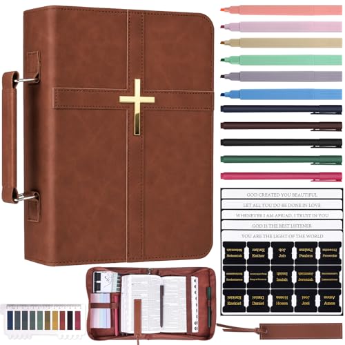 XKDOUS Bible Cover for Women Leather Bible Bag Large Book Carrying Case Kit - color: Brown With Golden Cross