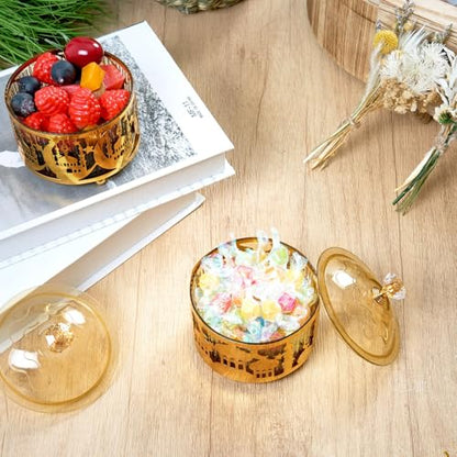 4 Pcs Eid Mubarak Plates with Lids, Metal Gold Moon Castle Ramadan Serving Tray, Middle Eastern Food Storage Container for Cookie Candy Pastry Dessert, Ramadan Decorations Table Display Set - style: Round