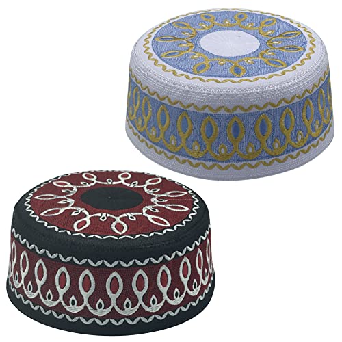 2Pcs Muslim Prayer Kufi Hats for Men Islam Beanie Skull Cap Embroidered Topi Round Cap Headwear Ramadan Eid Gift(Red+Blue)