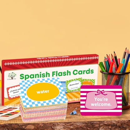 Ceiba Tree Spanish Conversational Phrase Flash Cards English to Spanish 100Pcs Double-Sided Bilingual Vocabulary Flashcards Learn Español Toys for Kids Adult Beginners Toddlers Grade School Classroom