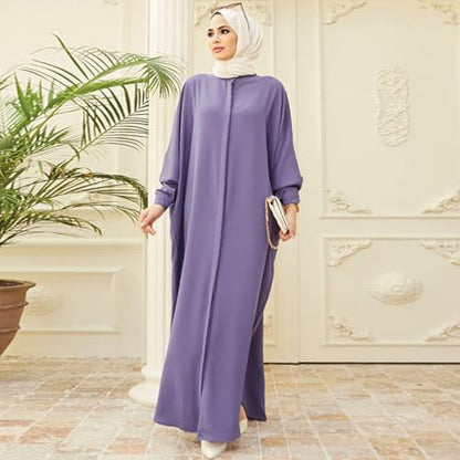 ODIZLI Women's Ramadan Abaya Muslim Batwing Sleeve Shirt Prayer Dress Kaftan Dubai Islamic Loose Maxi Dress - color: Light Purple